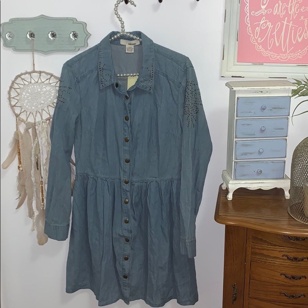 NEW Sans Souci Denim Dress Large Blue Chambray Studded Peplum Shirt Western Boho